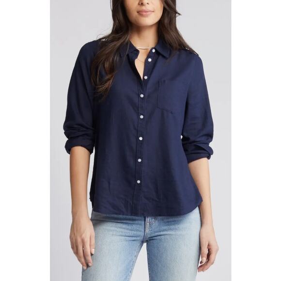 Caslon Nordstrom New Women’s Linen Blend Button Up Shirt Top Navy Blue Size XS - Picture 1 of 12